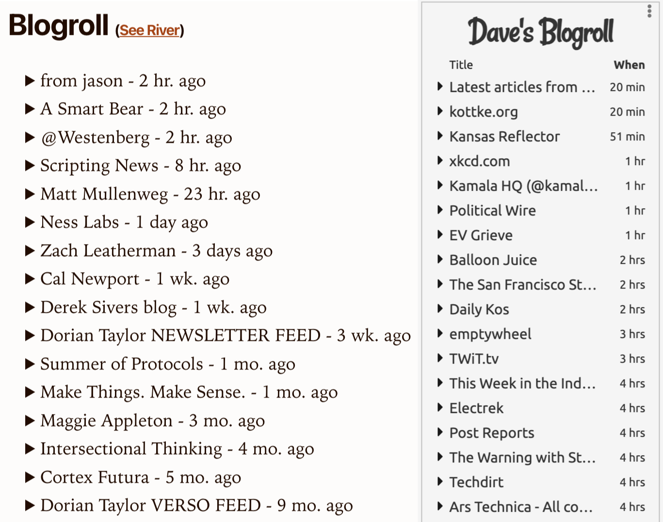 Side-by-side comparison of my blogroll and Dave's