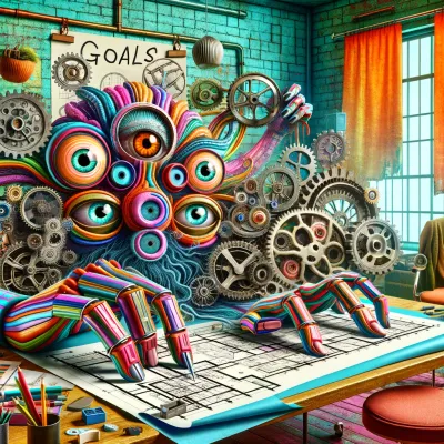 An eccentric and whimsical conceptual image representing the interplay of goals and systems for achieving success. The image includes a large, colorful architectural blueprint spread across a table, symbolizing 'goals'. Intertwined with the blueprint are various gears and mechanical parts, now depicted with surreal features like eyes and limbs, representing 'systems', which together form an animated, almost creature-like machine. This quirky setup illustrates how goals and systems creatively support each other. The background shows a vibrant, eclectic office environment with odd decorations.