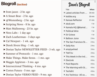 Side-by-side comparison of my blogroll and Dave's